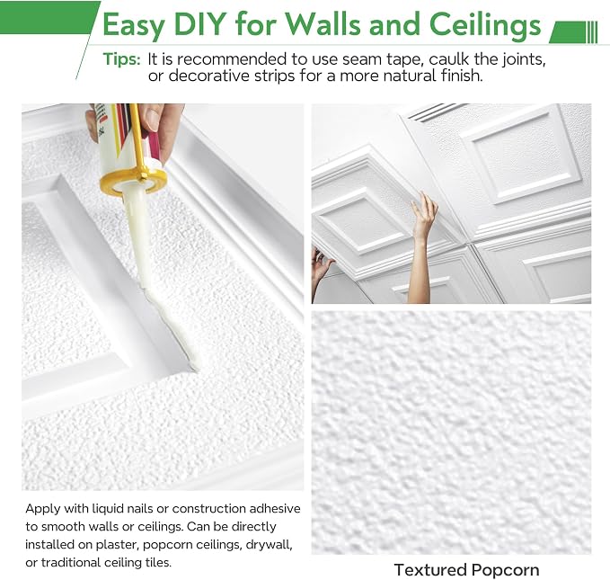STICKGOO Glue-Up Ceiling Tiles, Popcorn Textured White, 24 x 24 in, 12 Pack | 2 x 2ft Drop ceiling panels, PVC decorative ceiling tiles, covers 48 sq ft, waterproof, lightweight - Image 4