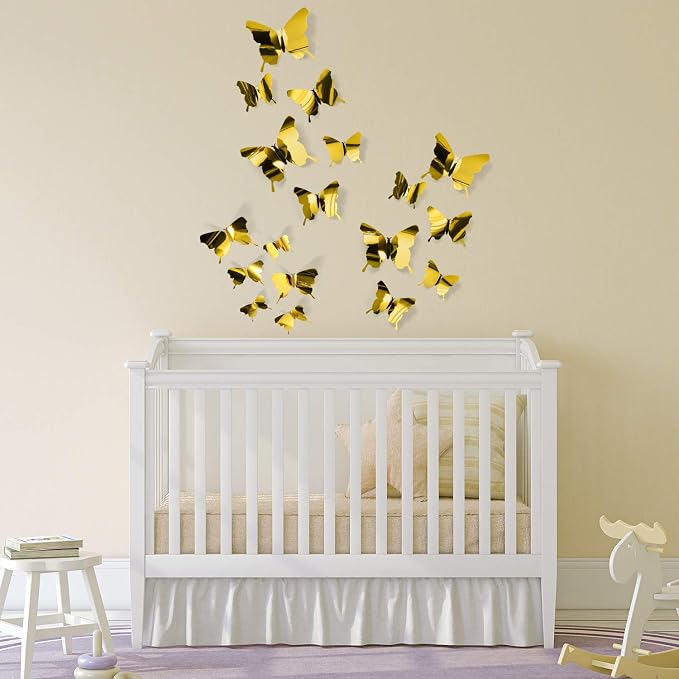 BBTO 48 Pcs 3D Butterfly Mirror Wall Decor,Gold | Butterfly Stickers,3 Sizes,for Birthday Party Cake,Room Nursery Bathroom Wall Decor,Removable Peel Stick,Reflective - Image 3