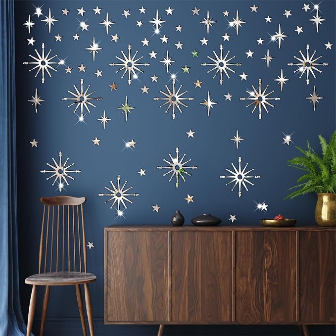 Star Wall Decals MCM Starburst Stickers Silver Mirror Decal Peel and Stick | Celestial decor, sparkle wall stickers, modern mid century decor, removable art mural, for kids bedroom living room farmhouse - Image 2
