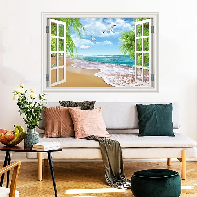 Fake Window Wall Murals Peel and Stick - Beach View Window Wall Art Decal Poster for Living Room - Window Posters for Wall Office - Removable Wall Stickers for Bedroom Decor 48" x 32" Set of 2 Sheets - Image 5