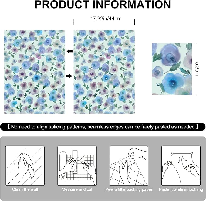 Blue Purple Watercolor Floral Peel and Stick Wallpaper, 17.3" x 118" Soft Pastel Flower Removable Vinyl Wallpaper, Waterproof Self-Adhesive Vintage Floral Contact Paper for Nursery Bedroom Cabinets - Image 2