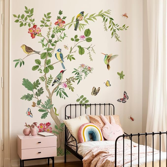 Large Green Tree Wall Decals Floral Tree Branch with Birds Peel and Stick Removable PVC Wall Stickers for Living Room Bedroom Nursery TV Background Home Art Decor - Image 7