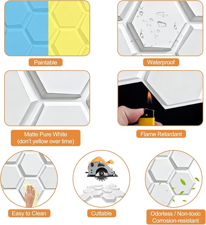 TroyStudio Hexagon Acoustic Sound Diffuser Panels, 19.7 X 19.7 X 0.9 inches 12 Pcs White PVC Plastic 3D Wall Panel, Recording Studio Acoustical Treatment Diffusion panel, Art Decorative Ceiling Tiles - Image 4