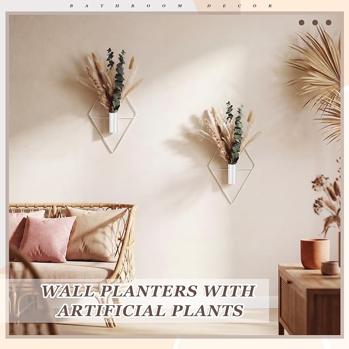 Jexine 8 Pcs Hanging Artificial Planters Wall Decor, White, Pampas | Bathroom Wall Decor, Geometric Metal Vase, Indoor Plants, Living Room, Home Office, Entryway, Boho Accent, Wall Mounted - Image 6