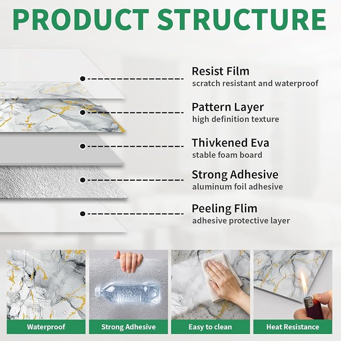 10pcs Marble Peel and Stick Backsplash Wall Tiles, Waterproof Shower Wall Panels, 11.8"x11.8" Peel and Stick Tile for Home Bathroom, Kitchen, Washroom, Living Room, Blue and Gold (Not Real Tile) - Image 3