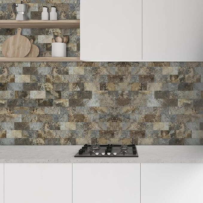 AULIGET 100-Piece Beige & Brown Slate Peel and Stick Backsplash Wall Tiles, 3" x 6" PVC Faux Stone Stick on Tile for Backsplash Kitchen, Bathroom, Laundry Room, Camper, Fireplace - Image 2