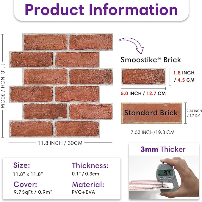 3D Peel and Stick Faux Brick Wall Panels 11.8" x 11.8" 10-Pack | Orange, Small Brick-Look Textured Sticker, Thin Lightweight PVC Self Adhesive Wall Tiles for Interior Decor, Cover 9.7 sq ft - Image 3