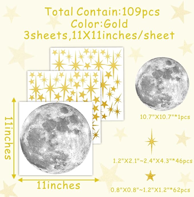Retro Starburst Wall Decals Stars Wall Sticker Star Moon Vinyl Decal Golden | Celestial decor, sparkle wall stickers decoration, peel and stick, removable art mural, for girls bedroom living room nursery - Image 4