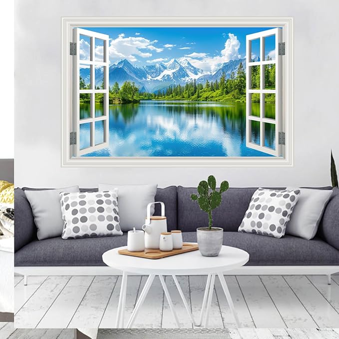 Fake Window Wall Mural Sticker Mountain Lake Forest Tree Faux Window Wall Cling Art Picture Poster Decals Decor, Stick and Peel Landscape Natural Scenery Scene（48"x32",Set of 2 Sheets） - Image 2