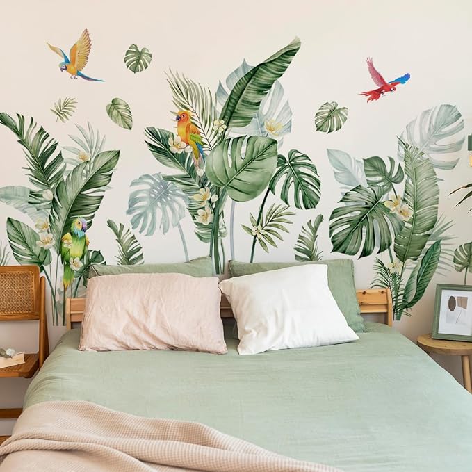 Jungle Wall Decals Peel and Stick, Large Tropical Palm Leaves & Parrot Wall Stickers, Removable Watercolor Forest Mural for Living Room, Bedroom, Nursery (Green-b) by Unknown