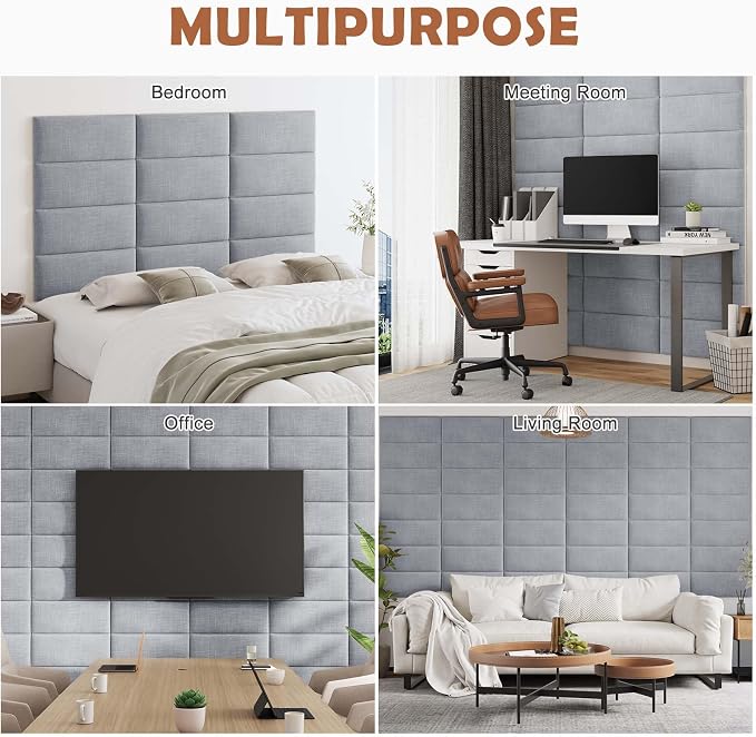 IFNOW Wall Mounted Headboard, Peel and Stick Panels, Light Grey, King | 3D Soundproof Acoustic Padding, Reusable and Removable, Tufted fabric Bed Headboard, for bedroom (12 Panels, 10" x 24") - Image 6