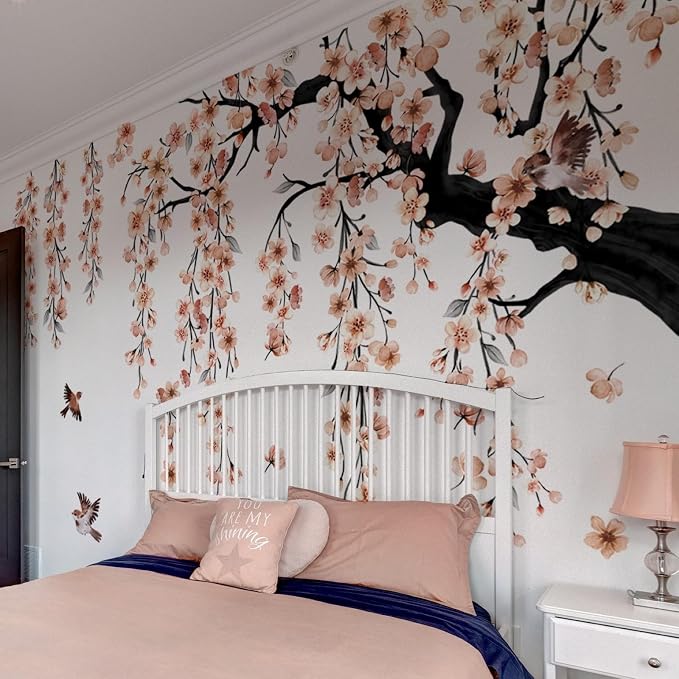 Large Light Pink Cherry Blossom Tree Wall Stickers | 4 Sheets Spring Flower Bird Wall Decals Peel and Stick Waterproof Wall Murals Decor for Living Room Bedroom (11.8*35.4inch) by Lilacanthara
