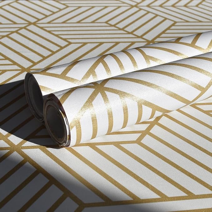 MelunMer Geometric Contact Paper Peel and Stick Wallpaper Gold 17.7”×512” | Self Adhesive, Removable Wallpaper for Bedroom/Bathroom Waterproof, Modern Contact Paper for Cabinets Liner Easy to Install - Image 6