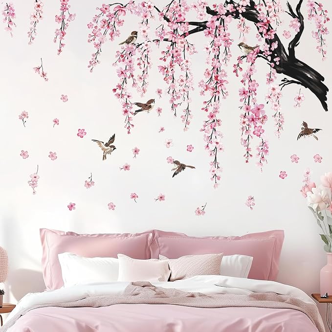Large Pink Flower Wall Stickers, 47"x71" Removable DIY Romantic Cherry Blossom Tree Wall Murals Peel and Stick 3D Wall Art Stickers Home Decor for Gilrs Bedroom Nursery Rooms Living Room - Image 3