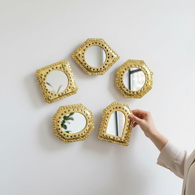 Set of 5 Small Decorative Wall Mirrors – Gold Brass Handmade Mirror Set | Octagon, Arched, Horizontal Oval, Square and Diamond Shapes | Living Room, Bedroom, Home wall Hanging Mirrors Decor by Unknown