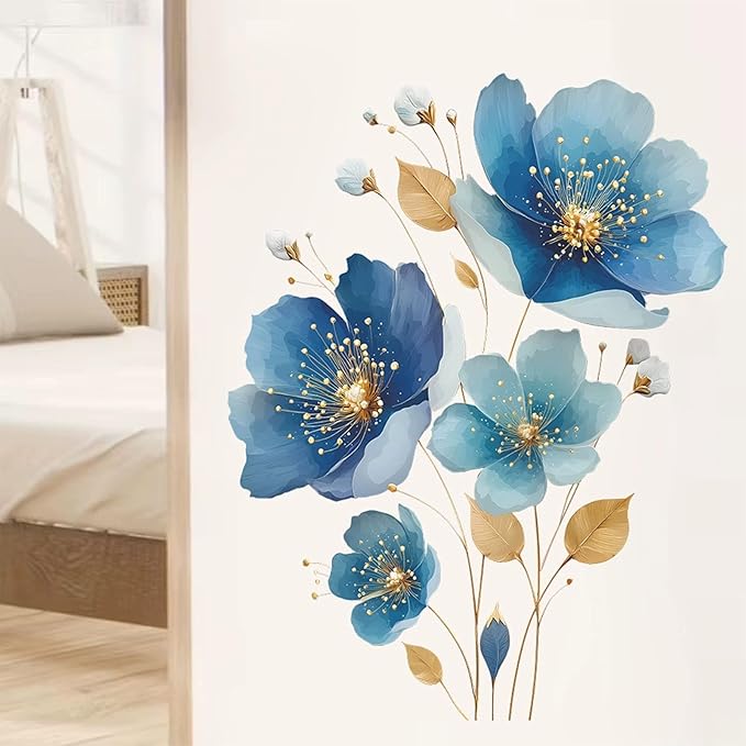 TUOKING Blue Flowers Wall Stickers Decor,Removable Wall Murals | Peel and Stick Gold Leaves PVC Wall Art Decal Home Decor for Kitchen,Bedroom,Living Room by TUOKING