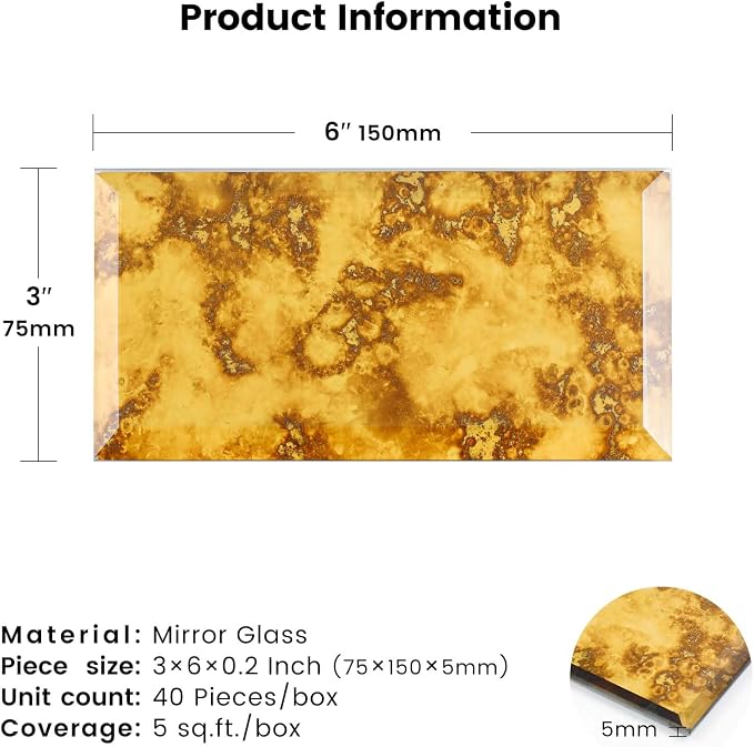 Peel and Stick Gold Dark Antique Mirror Subway Tile 3 x 6 Inch Beveled Mirror Tiles for Kitchen Backsplash Bathroom Wall Pack of 40 Pieces - Image 3