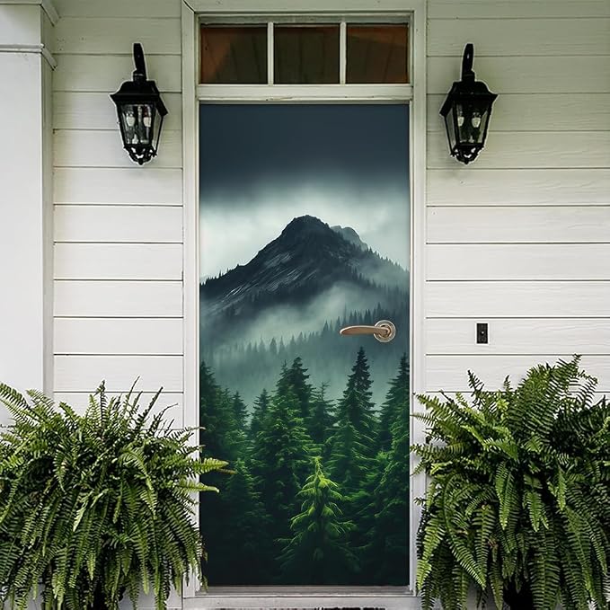REDAMANCY Smoky Green Pine Tree Mountain Landscape Peel and Stick Door Stickers, Vinyl, Waterproof, Removable, Modern Style, 30.3"x78.7", 2 Pack - Image 5
