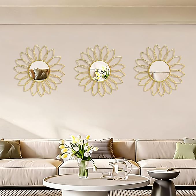 3 Pack Metal Mirrors for Wall Sunburst Wall Mirrors Home Décor Decorative Hanging Wall Art for Living Room Bedroom Entryway (Gold2, Flowers) - Image 6