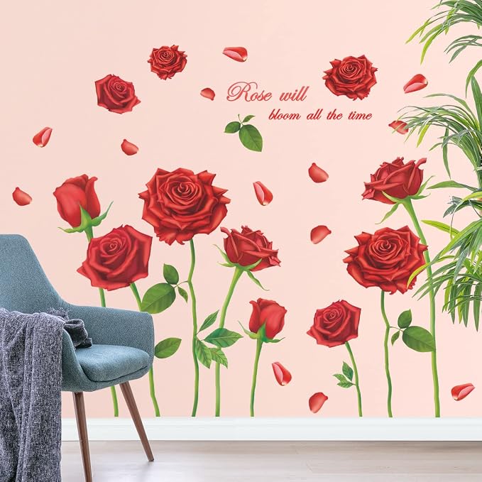 LiveGallery Beautiful Lovely Rose Flowers Wall Decals Removable DIY Butterfly Flower Vines Art Decor Wall Stickers Murals for Living Room TV Background Kids Gilrs Rooms Bedroom Decoration (Red) - Image 6