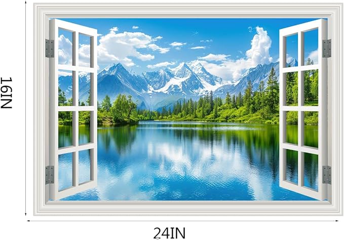 Fake Window Wall Decal Snow Mountain Lake Forest Wall Sticker Faux Window Poster Picture Open Wall Art Decor, Stick and Peel Landscape Natural Scenery Canvas Scene Mural,16"x24" - Image 4