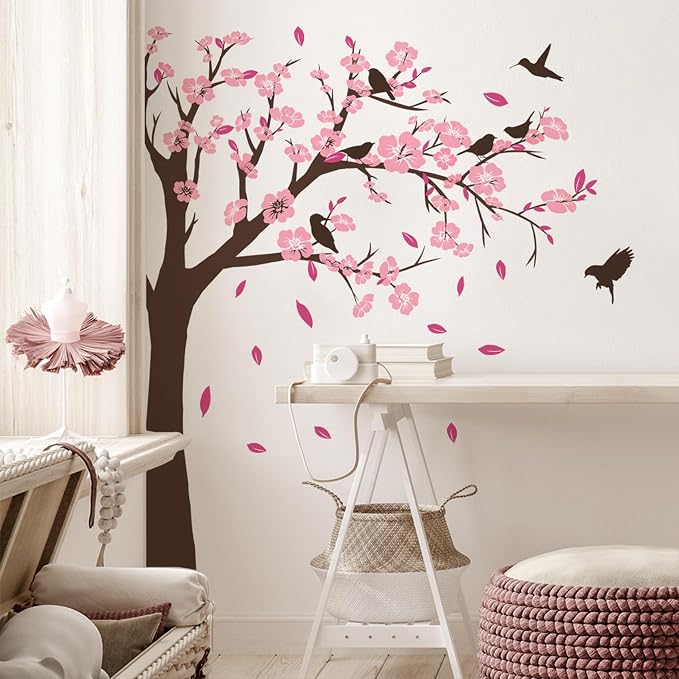 Pink Flower Tree Wall Stickers, Removable DIY Romantic Peach Blossom Tree Wall Murals Peel and Stick 3D Wall Art Stickers Murals Home Decor for Gilrs Bedroom Nursery Rooms Living Room - Image 2