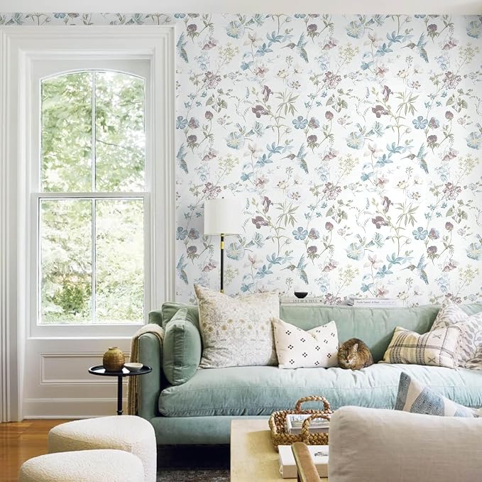 Ismoon Floral and Bird Peel Stick Wallpaper Blue Contact Paper 17.3x78.7in | Hummingbird Flower Wall Paper Removable Self Adhesive Waterproof Vinyl Wallpaper for Bedroom Cabinet Wall Decro - Image 2