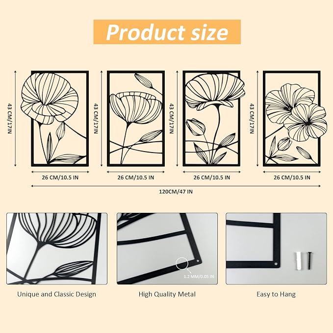 ESTART 4Pcs Metal Lotus Wall Decor Abstract Floral Line Art Sculpture | Minimalist Wall Decor for Bedroom Flowers Hanging Wall Sculpture for Living Room Kitchen Office and Yoga Room (Black) - Image 2
