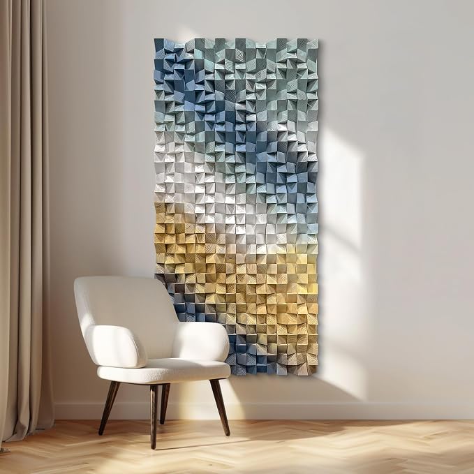 LIUZEYUE Wood Mosaic Wall Decor with Wave-Flow Block Texture, 3D Pine Art | wood wall art; cool gray and ochre, natural grain detail; living room blank-wall focal art; 31.5 x 63 in - Image 8