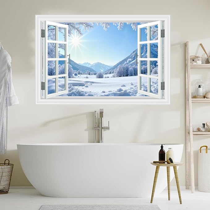 Fake Window Wall Decal- Winter Sunshine Snow Mountains Open Wall Sticker | Faux Window Conifer Forest Snowfield Natural Landscape Mural｜Stick and Peel Wall Decals｜for Home Room Scene Decor｜24"x16" - Image 9