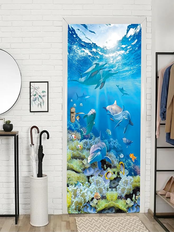 artfanke 3D Peel and Stick Door Sticker 33.5"x84.6"- Self-Adhesive Door Murals Wallpaper-Blue Ocean Dolphins Wall Poster Decal for Home Decor (2 Sheets/Set) - Image 7