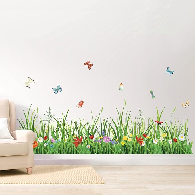 wondever Green Grass Wall Decals Flowers Butterflies Wall Corner Stickers | Peel and Stick, Removable, Wall Art Decals, Wall Decoration, Living Room Bedroom, Office Sofa TV Home Wall Decor by wondever