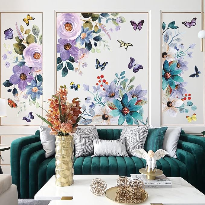 LiveGalleryWatercolor Blue Purple Flowers Wall Stickers Color Painting Rose Wall Decals DIY Vinyl Peel and Stick Butterflies Flora Mural for Girls Bedroom Living Room TV Sofa Backdrop Home Decoration - Image 6