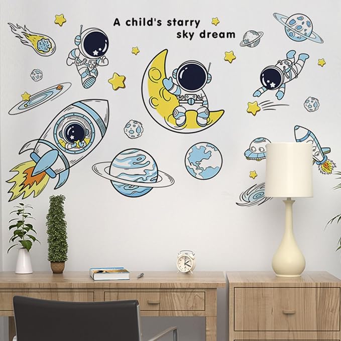 Arawat Space Decor Astronaut Wall Stickers - Space Theme Bedroom Classroom Playroom Murals & Decals - Wall Decals for Boys Girls Room - Outer Space Wallpaper With Planets by ARAWAT