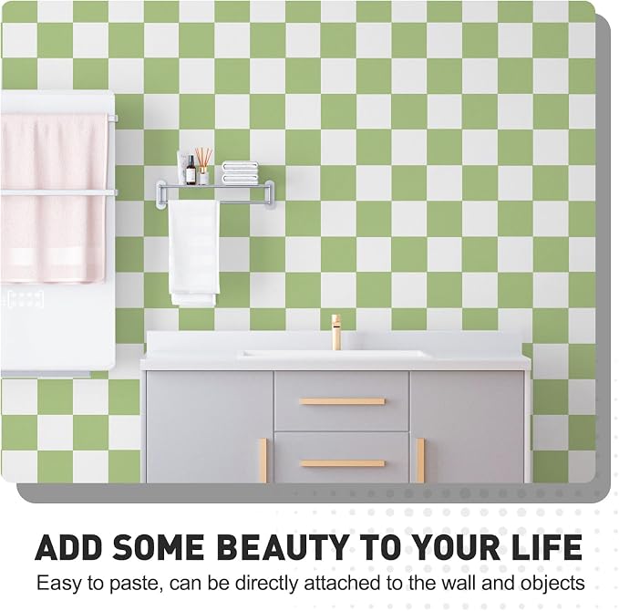 Green and White Contact Paper Mosaic Checkered Peel and Stick Wallpaper 17.3"x200" Self Adhesive Waterproof Vinyl Roll for Bathroom Kitchen Backsplash Cabinets Shelf Liners Drawers - Image 8