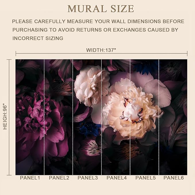 MFWFM Dark Floral Peel and Stick Wallpaper Peony Flowers Wall Murals | 137"x96", for Bedroom Living Room Bathroom, Self Adhesive Canvas - Image 4