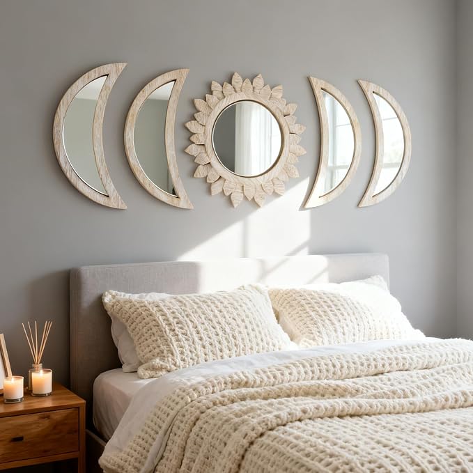 5 Pieces Moon Phase Mirror Wall-Mounted Wall Decor Mirrors Natural Wooden Sunburst Bohemian Wall Art for Home Living Room Bedroom Decoration by CPCDACSK