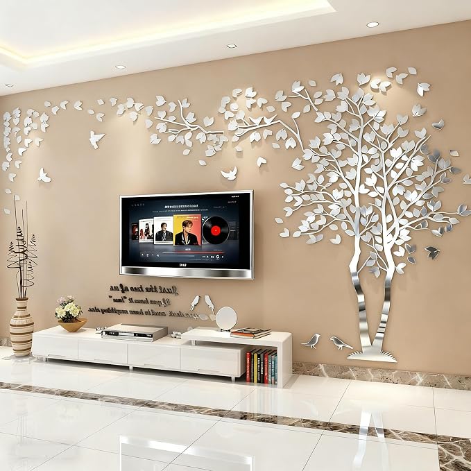 Family Tree Wall Decor Decals - DIY 3D Tree of Life Wall Art Large Decal Stickers Silver Decor Living Room Mural for Bedroom Hallway Home TV Background (Silver Right,XL-158X79in) - Image 2