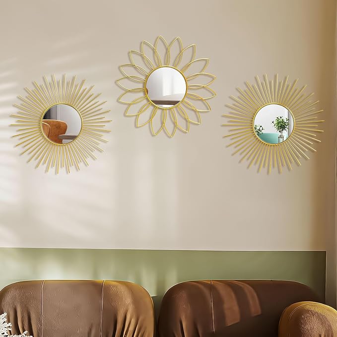 3 Pack Metal Mirrors for Wall Sunburst Wall Mirrors Home Décor Decorative Hanging Wall Art for Living Room Bedroom Entryway (Gold2, Flower+Sunburst) - Image 6