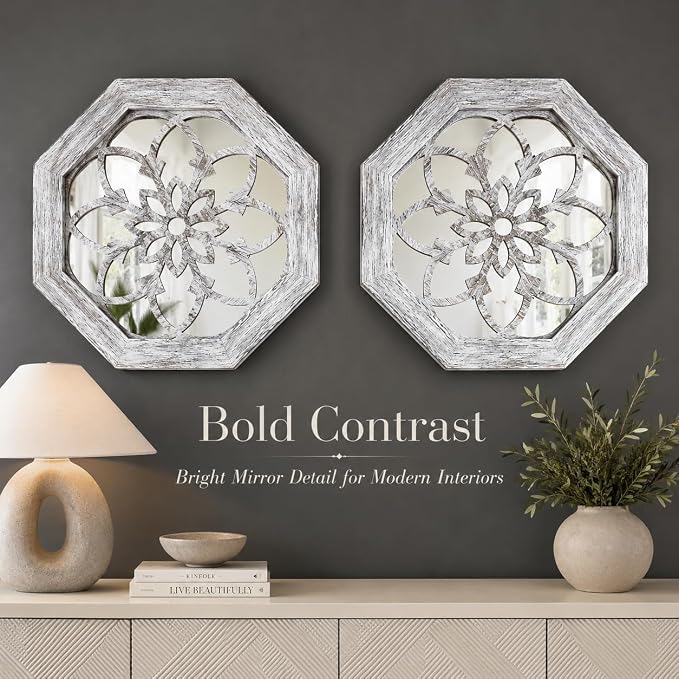 2 Pack 12 Inch Octagon Grey Rustic Wood Frame Acrylic Wall Mirrors, Farmhouse Boho Wall Art Decor for Living Room, Bedroom, Hallway, Entryway, Bathroom & Office - Image 6