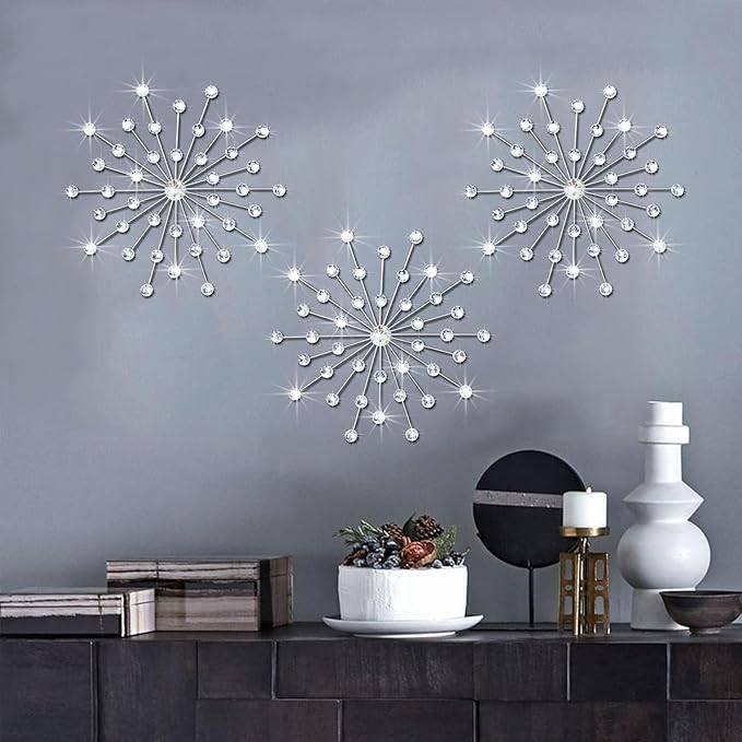 ZEXUIRU 3 Set Silver Starburst Wall Art for Home Decor Metal Bling Crystal Rhinestones Sunburst Wall Decor Sparkling Rhinestone Art Accent Silver - 18in by ZEXUIRU