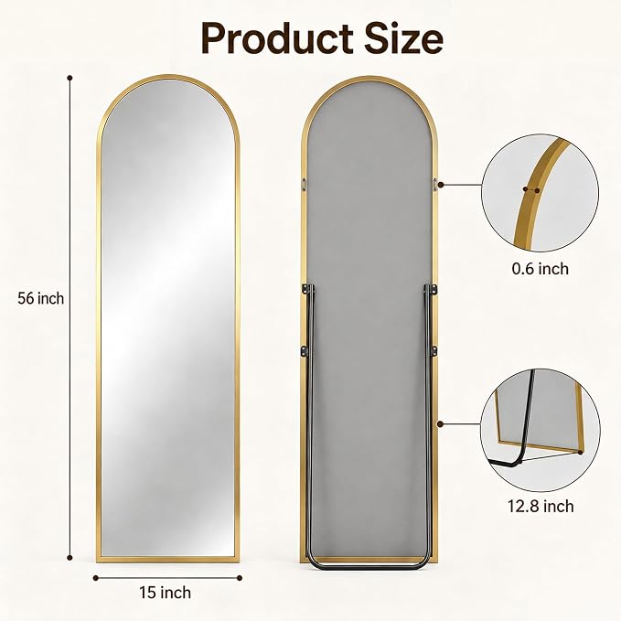 Antok Full Length Mirror, 56"x14" Floor Mirror with Stand, Gold, Arched - Image 7