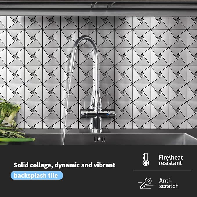 Art3d Peel & Stick Backsplash， Metal Mosaic Tiles, 10 pcs, Silver Windmil - Image 2