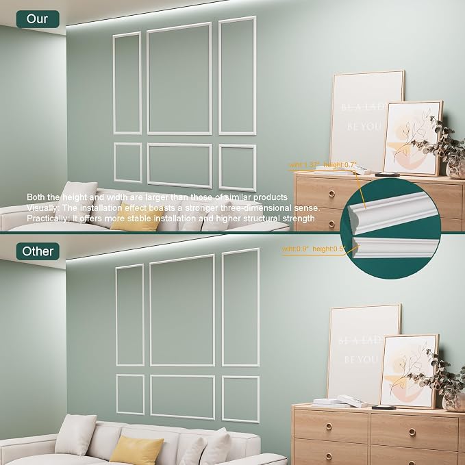 Wainscoting Molding Kit, 6 Frames, 50 x 40 and 50 x 20 Inch | Six mixed-size frames in 50 x 40 and 50 x 20 in create a layered wainscoting design for large interior walls. - Image 6