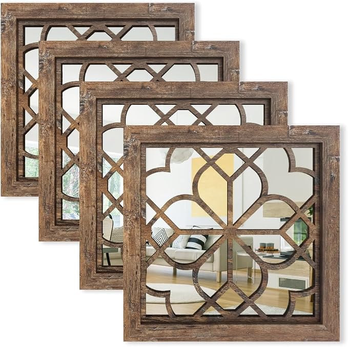 Set of 4 14 Inch Square Redbrown Window Pane Wall Mirrors, Shatterproof Rustic Farmhouse Boho Vintage Decorative Mirrors for Living Room Bedroom Bathroom Entryway by HMANGE