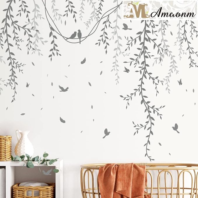 Amaonm Removable Hanging Vines Wall Stickers DIY Green Leaves Plant Grass Wall Decals Peel and Stick Flower Vine Decor for Kids Baby Girls Nursery Bedroom Living Room Offices Classroom Grey by AMAMAONM