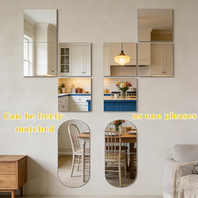 8-piece set of acrylic wall mounted mirrors, 12x12 inch self-adhesive frameless square combined with curved makeup lenses, flexible plastic lenses for bedrooms, home use, gym doors (8pcs - 12‘’×12‘’) - Image 3