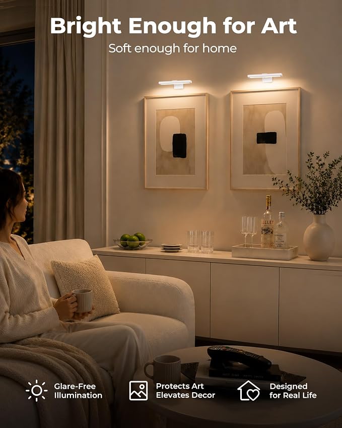 EZVALO Picture Light for Wall, Rechargeable 2400mAh Lights Wireless with IR Remote, 3 Color & Dimmable Magnetic 7.8'' LED Lights Display for Painting, Living Room, Gallery, Bedroom(White-3P) - Image 5