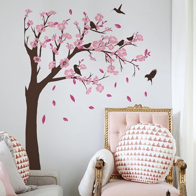 Pink Flower Tree Wall Stickers, Removable DIY Romantic Peach Blossom Tree Wall Murals Peel and Stick 3D Wall Art Stickers Murals Home Decor for Gilrs Bedroom Nursery Rooms Living Room - Image 4