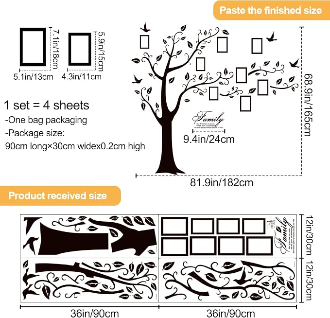 Large Family Photo Tree Wall Sticker 3D Peel and Stick Vinyl Photo Frame Tree Wall Decals Removable Quotes Leaf and Birds Wall Decor for Home Kids Bedroom Living Room Classroom Nursery (Right, Black) - Image 2